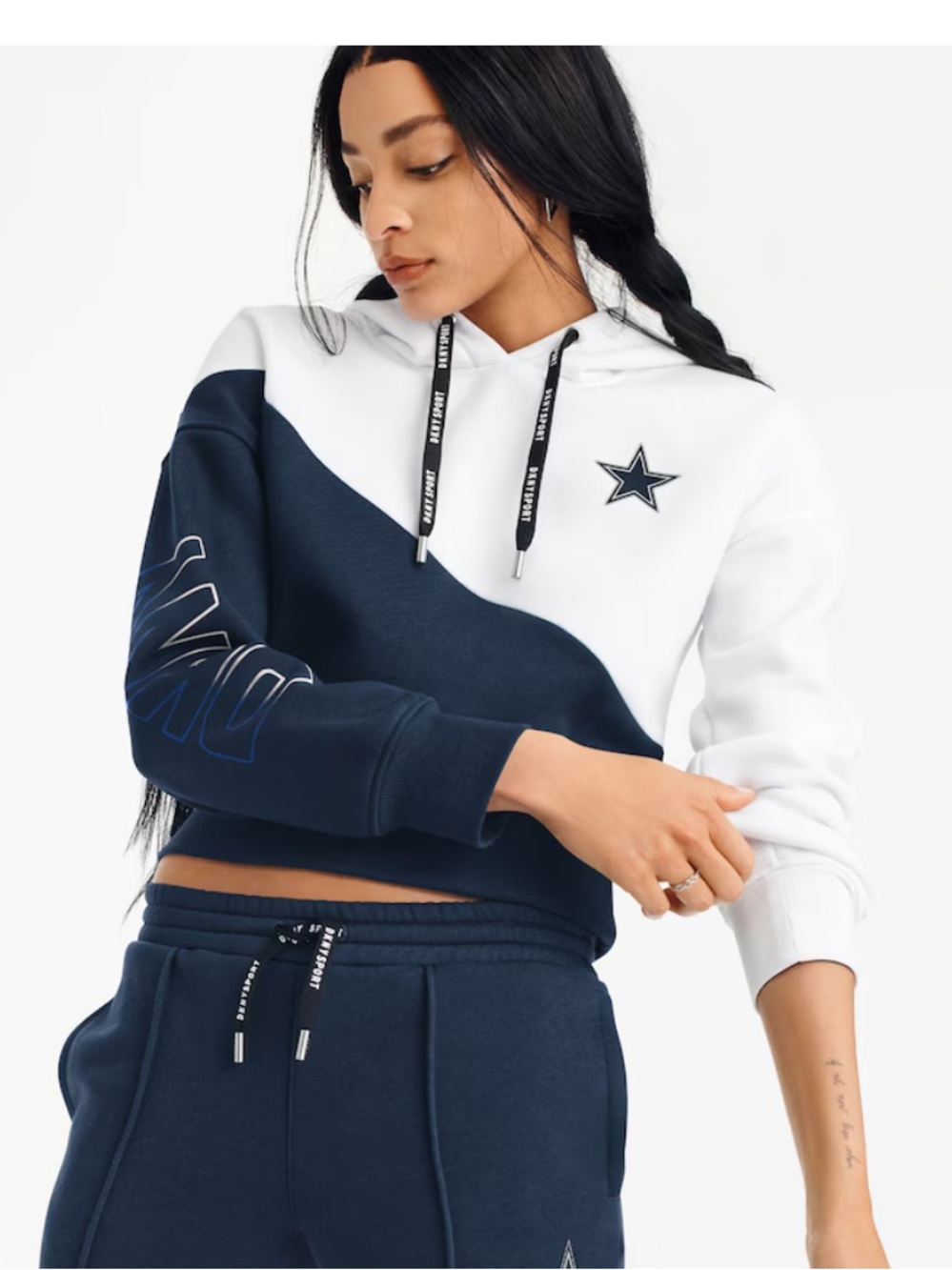 DKNY Dallas Cowboys White and Navy Colorblocked Cropped Pullover Hoodie